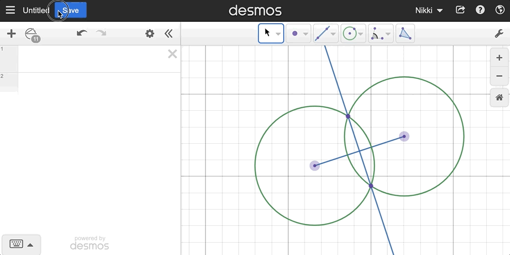 GIF showing the saving of a graph, name it something like “My construction”, then sharing using the Share Graph button and showing the different options: copy link, print, export and embed.
