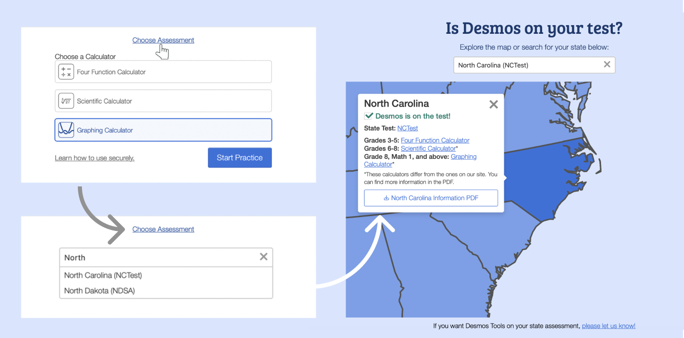 Screenshot of desmos.com/practice circling choose assessment next to desmos.com/testing with North Carolina emphasized.