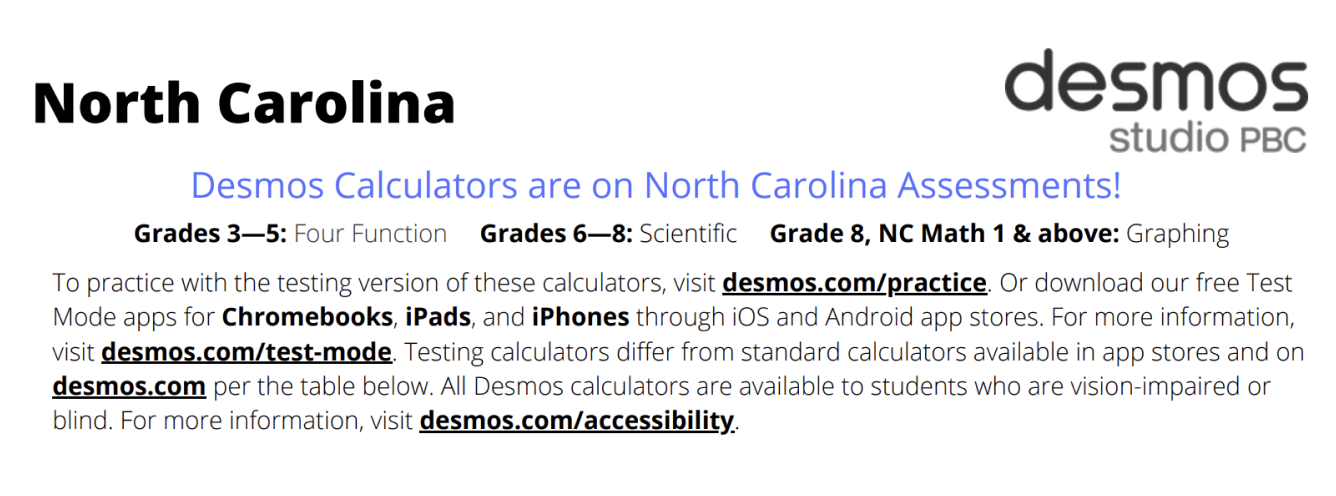 Header of North Carolina's Assessments pdf showing the different calculators used by each grade level.