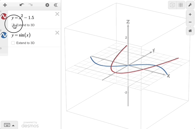 Animation showing the graph of y=x^2 -1.5 and y=sin(x) extend to 3D, the XY orientation and back to the default orientation.