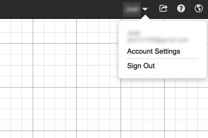Desmos graphing calculator with name clicked and drop down menu showing.  Option to select Account Settings or to Sign Out. Screenshot.