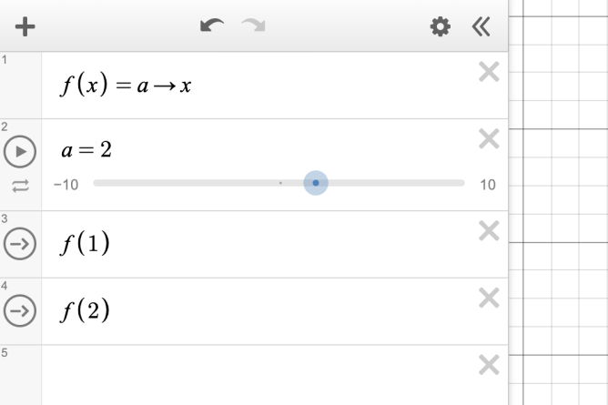First expression line contains function/action \(f(x) = a\) → \(x\).  Second expression line has slider for a with value set to two. Third expression lines contain actions \(f(1)\) and \(f(2)\).  Screenshot.