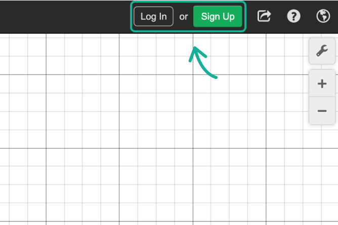 Desmos graphing calculator with Log In and Sign Up Buttons called out. Screenshot.