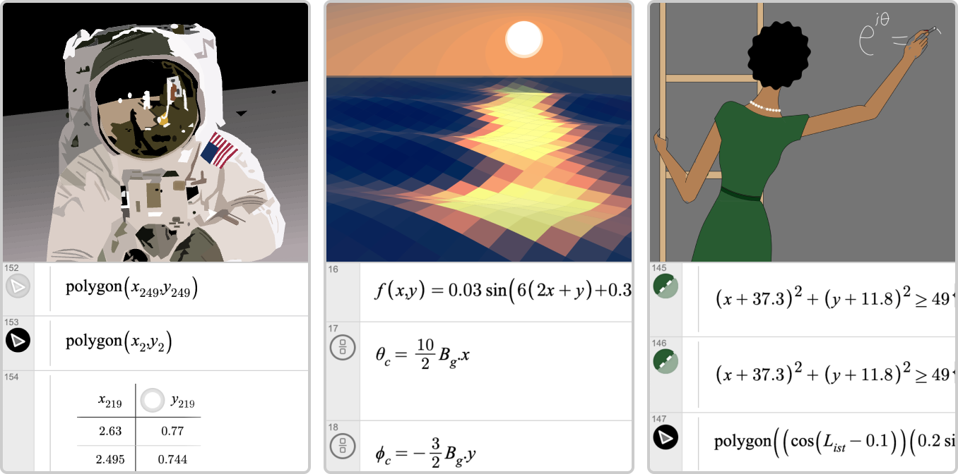 3 separate images of an astronaut on the lunar surface, a stylized sunset over the water, and a woman writing Euler's identity on a blacboard.
