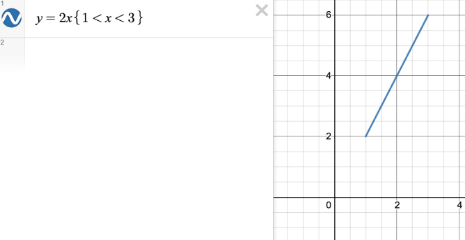 Restriction showing y=2x\left\{1<x<3\right\}. Screenshot.