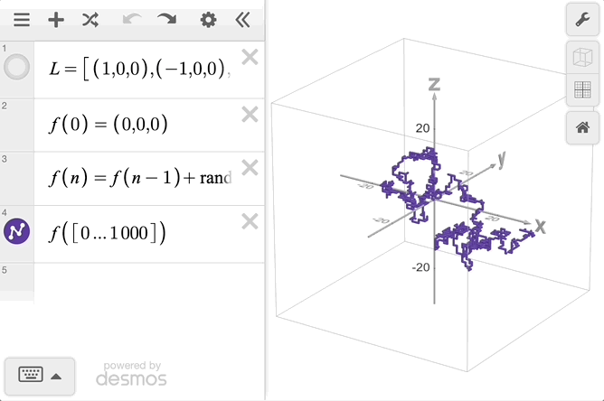 GIF showing the graph of the first 1001 points of the sequence f(n)=f(n-1) + random() with base case f(0)=(0,0,0). Then pressing the 'Randomize' button to change the graph.