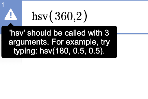Photo of error message for hsv() function describing the inputs required.