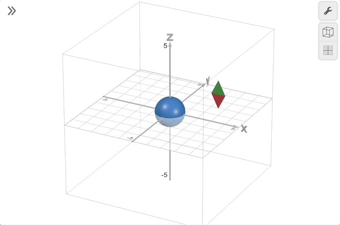 A 3D graph with a sphere, a green up arrow, and a red down arrow. The GIF shows when you press the green up button the sphere moves up the z-axis by one unit and when you press the red down button moves the sphere down one unit on the z-axis