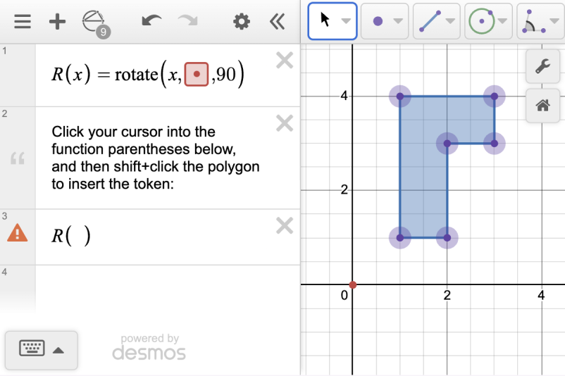 Screenshot of the Geometry calculator showing a rotation function R(x) = rotate(x, point, 90) with instructions to shift+click the polygon on the graph paper to insert the token. 