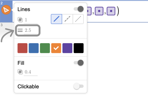 Photo of the options menu in Geometry showing 2.5 px width.