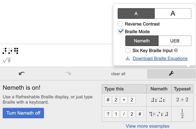 Four Function Calculator Braille Settings. Screenshot.
