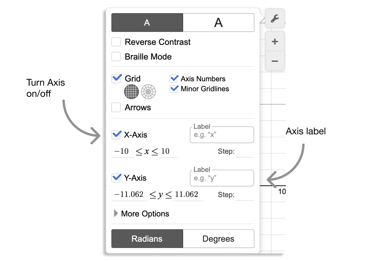 Screenshot of graph settings menu highlighting where you can toggle axis on/off and add axis labels.