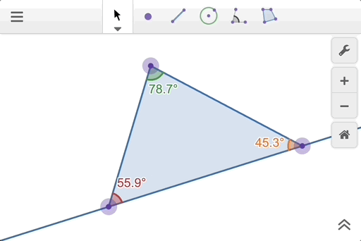 GIF creating a parallel line to the bottom leg of a triangle through the top vertex using the geometry toolbar.