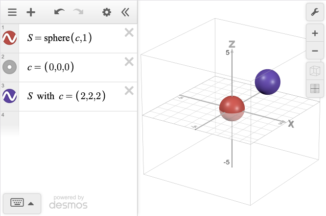 3D graph of a sphere with radius one centered at the origin and then with a center of (2,2,2).