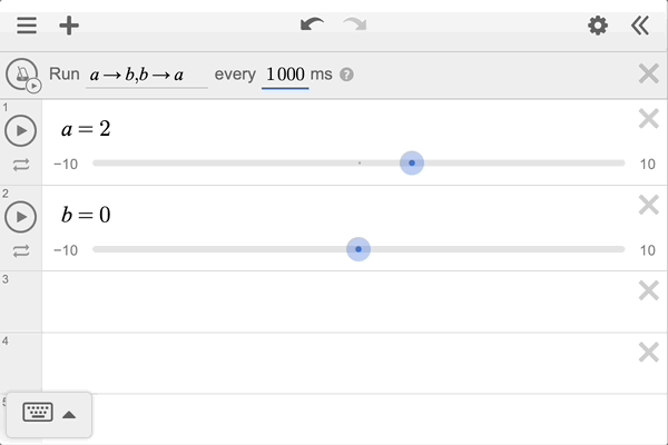 An action is in ticker field defined as \(a\) → \(b\), \(b\) → \(a\).  Time has been set to 1000 ms. Sliders added for a and b. Ticker is running and a and b are alternating values between zero and two.