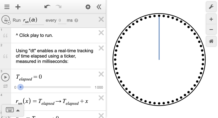Circle with 60 dots around the outside, giving the impression of a clock or stop watch.  Single blue hand is pointed directly up with the expression list showing prompting you to run the ticker.