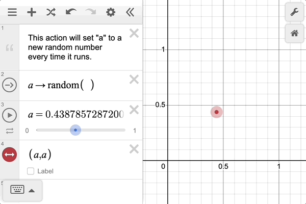 A point (a,a) is plotted with a slider for a. A is updated with a random action. The GIF shows clicking the action button and seeing where the point moves.