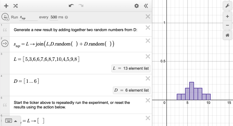 Screenshot showing a frequency histogram and a list of the results from a random dice roll.