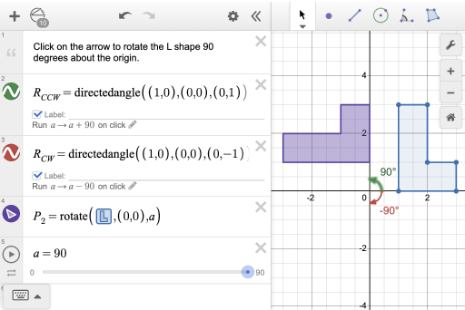 Geometry graph shown with two L shapes and an arrow for a 90 degree clockwise and clockwise rotation.