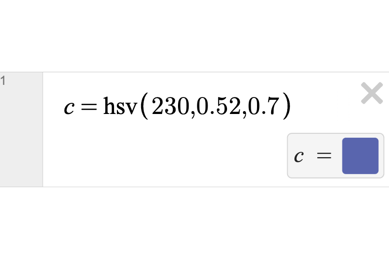 he expression c=hsv(230, 0.52, 0.7) defines a new color with a hue of 230°, 52% saturation, and a value of 70%. Screenshot.