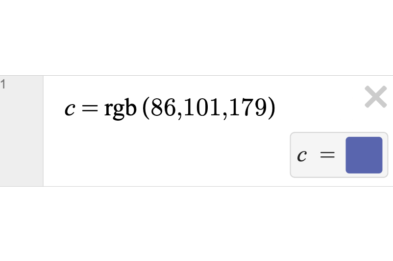Graphing calculator expression line 1: c=\operatorname{rgb}\left(86,101,197\right).  ). Screenshot.