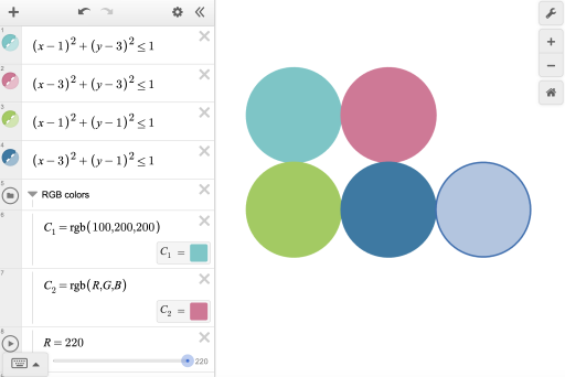 5 swatches of custom colors shown in the graph paper and expression list. Screenshot.