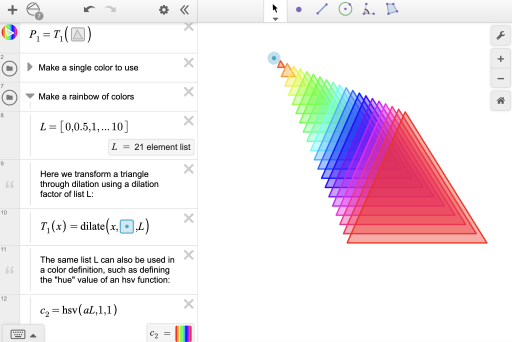 A rainbow of dilated triangles shown in the geometry tool. Screenshot.