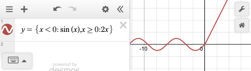 Graph showing the piecewise function y=sin (x) for x-values less than 0 and y=2x for x-values greater than or equal to 0. screenshot.