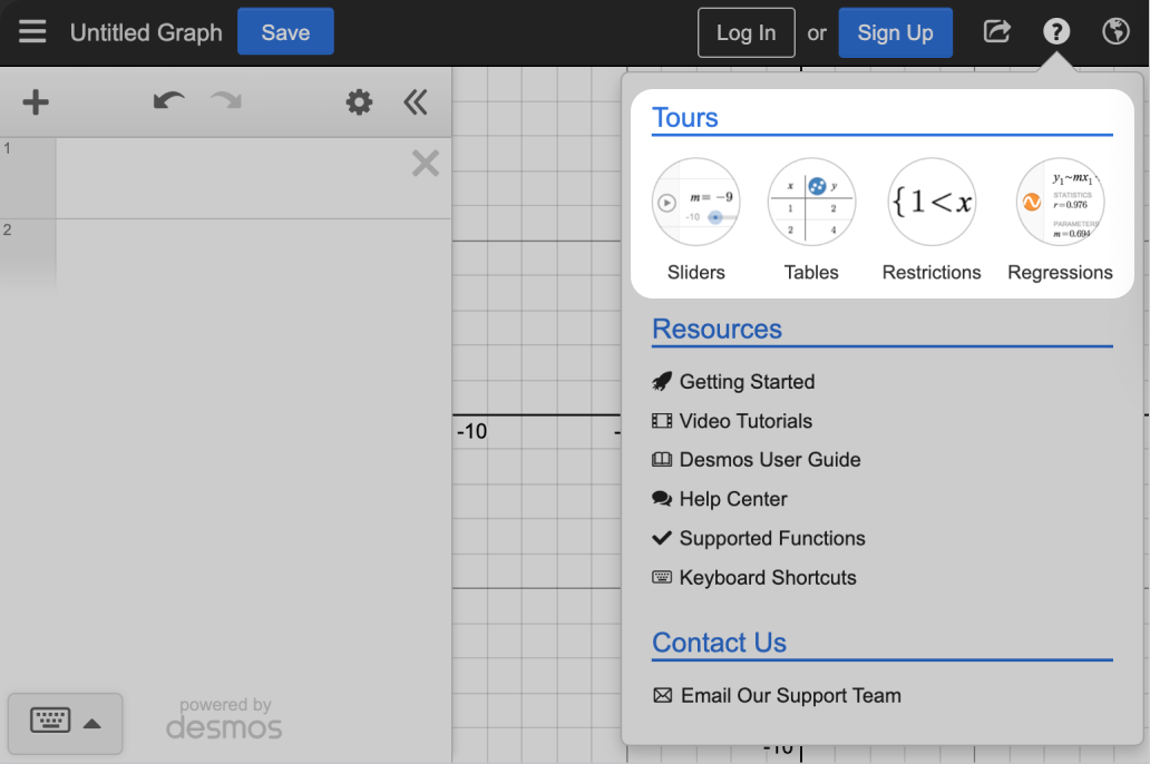 Screenshot of Graphing Calculator with the Help Menu open and tours highlighted.