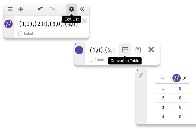 List of points converted to a table. Screenshot.