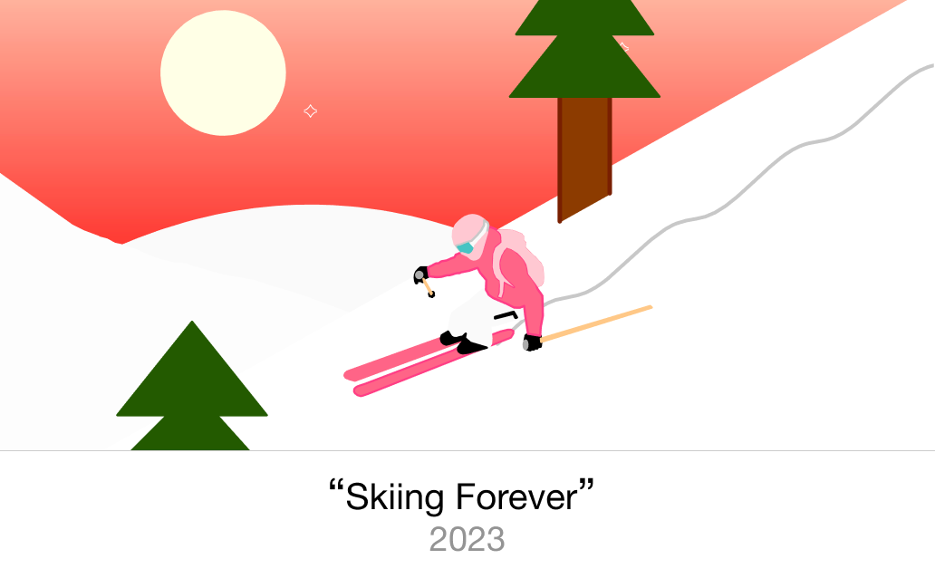 A skier passing trees, with a setting sun.