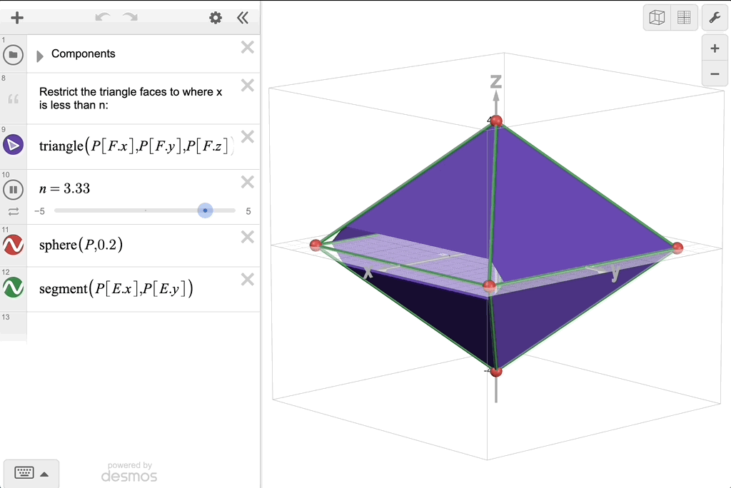 GIF of a pyramid in the 3D calculator being filled with restrictions in triangles.