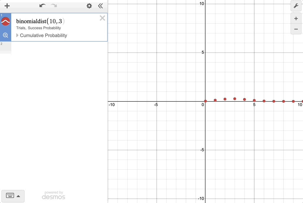 Gif opening the Cumulative Probability Footer for the binomial distribution and clicking through the different regions.