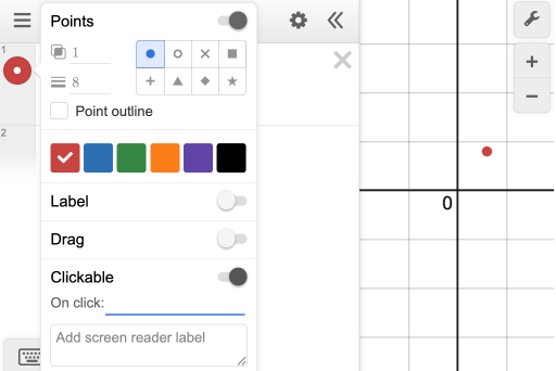 Clickable is selected in the style menu for a point.  A field has appeared titled On Click.