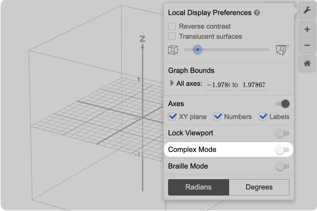 Screenshot of the option to turn on complex mode in the settings menu of the 3d calculator.