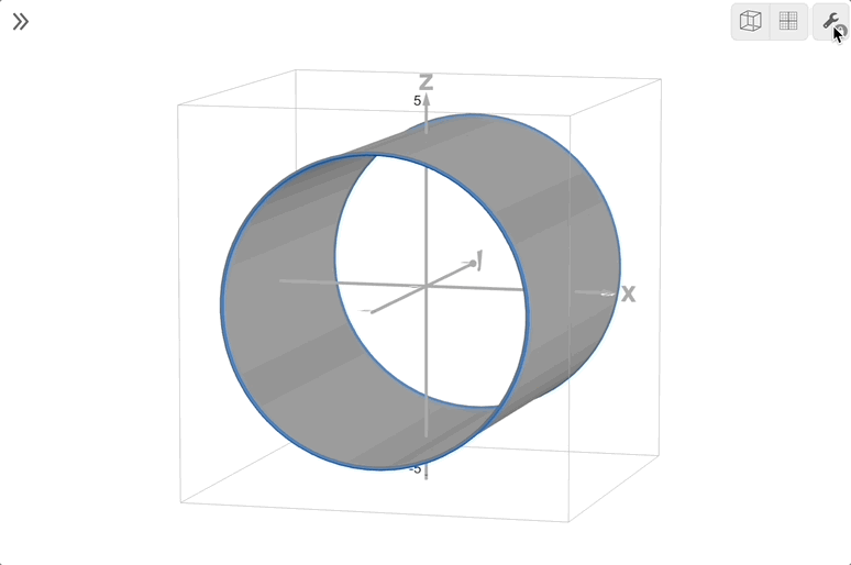 Animation showing a cylinder in 3D when translucent and reverse contrast has been selected from the graphs settings menu and showing how moving the perspective slider changes the graph.