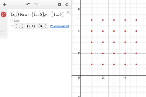 Screenshot of an equation that evaluates to a 5 by 5 square of dots. The equation list also shows the evaluated points.