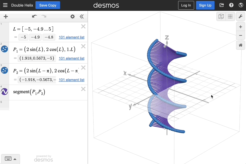 GIF with a double helix graphed. The GIF begins with the graph in rotation, then it goes into 3D Graph Settings to lock the viewport and disable rotation.