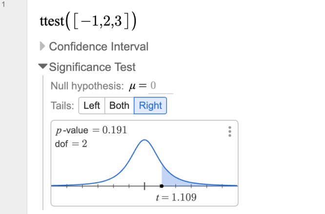 Screenshot of a ttest on the list -1, 2, 3. The Significance Test section is open with the right tail chosen.