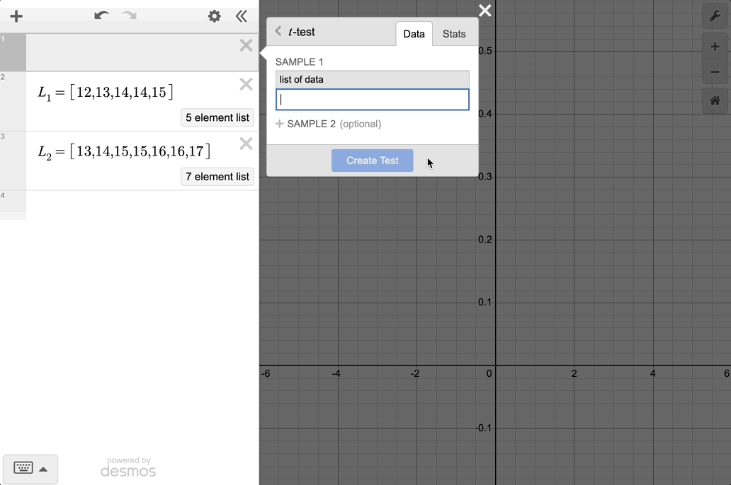 Gif starting with two lists L1 and L2 in the expression list. The GIF shows entering these lists in the ttest section of the Inference Menu and shows the result of clicking create test. It ends by opening the Significance Test section and exporting the Significance Diagram to the graph paper.