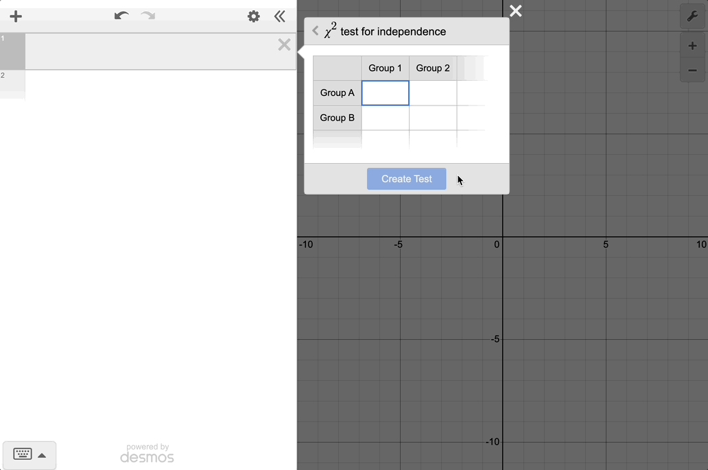 GIF entering data into the chi-square test of independence in the Inference menu. The GIF shows entering 15,5,10,10 in the first column and 15,15,15,15 in the second column. Clicking create test populates the expression list and the Observed(Expected) and Significance Test sections are opened.