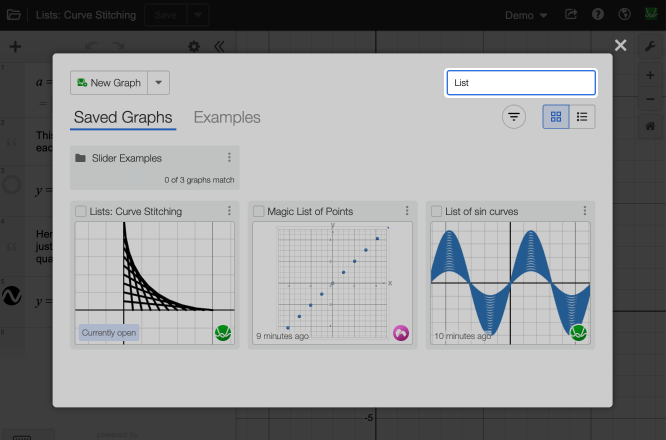 Search option filtering the saved graphs. Screenshot. 