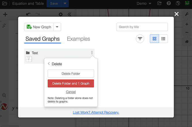 Delete Folder option: which removes the folder and moves any graphs back to your saved graphs view, or Delete Folder and Graphs, which deletes both the folder and its contents. Screenshot.