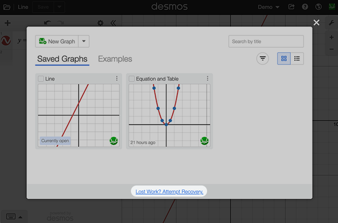 Save graph window, highlighting the where the 'Lost Work? Attempt Recovery' link is located. Screenshot.