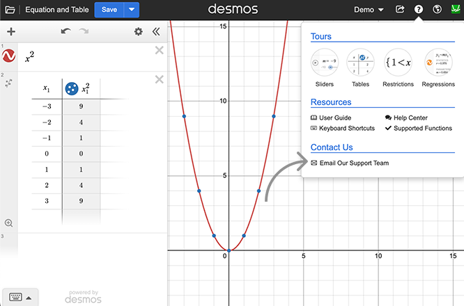 Help menu open, showing the link to email Desmos Support. Screenshot.