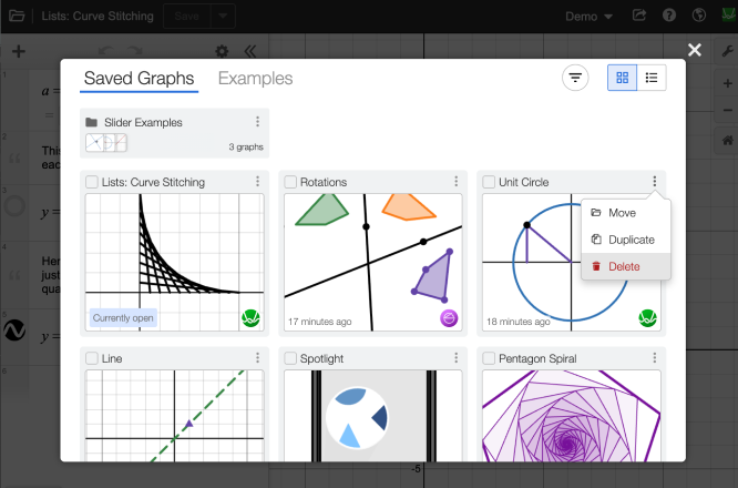 Dropdown menu from the more options menu to display the option for deleting graph.screenshot