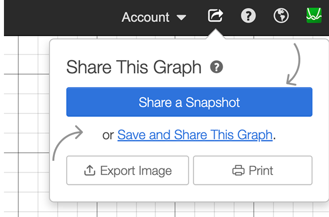 Animation of opening the Share menu and hovering over Share and Snapshot and Save and Share This Graph.