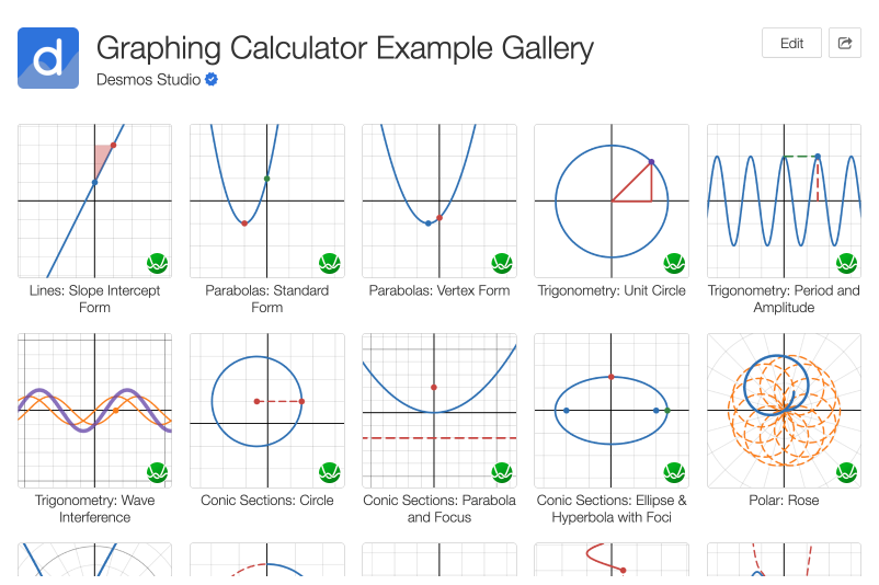 Gallery view of the graphing calculator example gallery. Image.