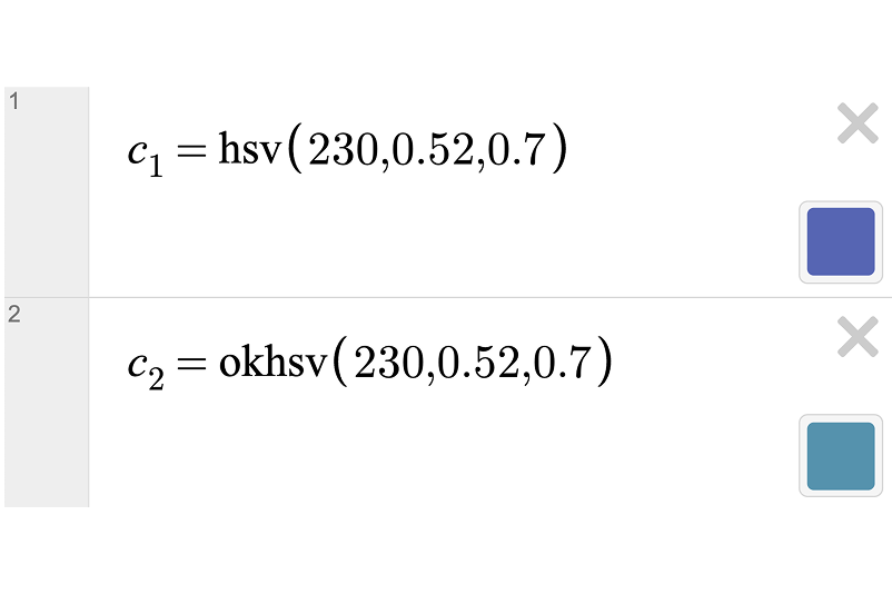Graphing calculator expression line 1 with the expression c_1=hsv(230, 0.52, 0.7) and c_2=okhsv(230, 0.52, 0.7) defining a new color with a hue of 230°, 52% saturation, and a value of 70%. Screenshot.