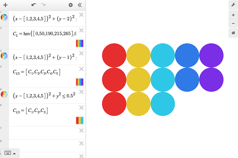 list of Custom colors used and shwon in the expression list, graphed on graph paper.  Screenshot.